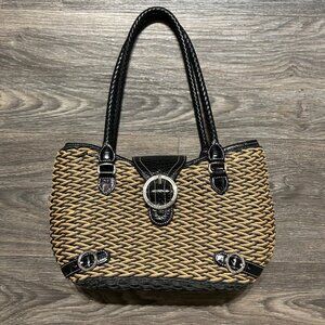 Brighton Debbie Black Tan Woven Leather Shoulder Bag Braided Handles Preppy
